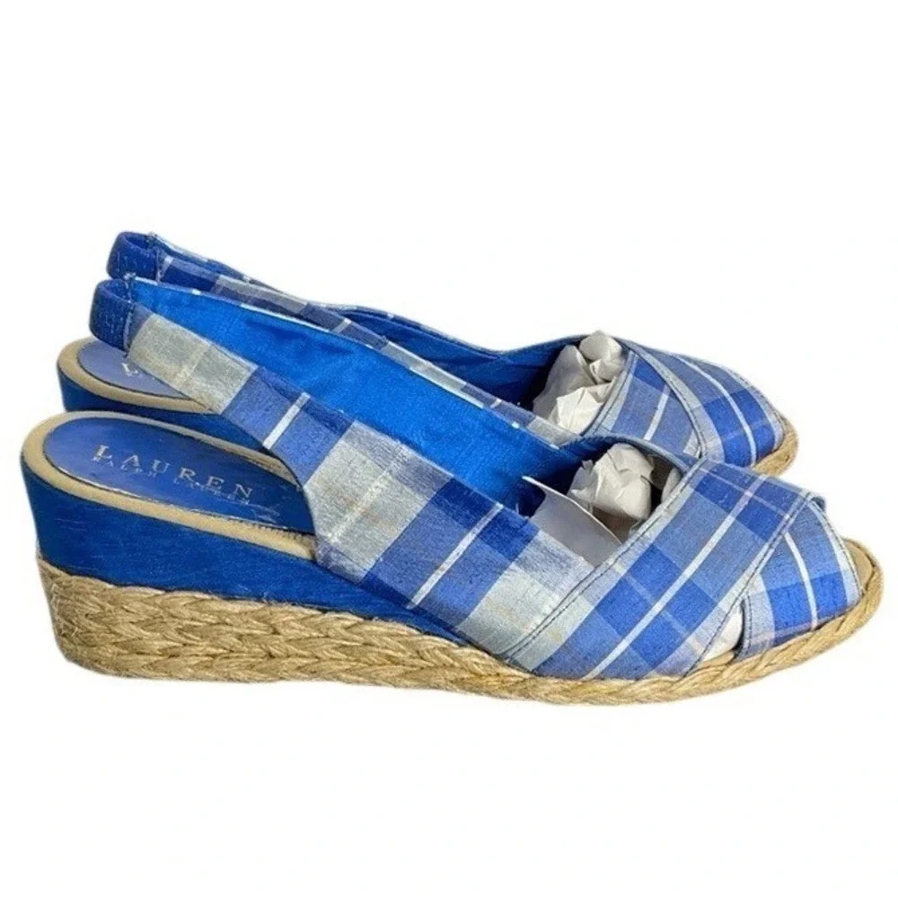 Lauren‎ Ralph Lauren Womens CAMARA Blue Plaid Wedge Slingback Sandals Size 10B